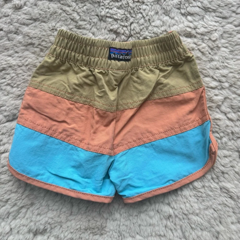 Patagonia Kids Swim Trunks in Tan, Peach & Aqua
